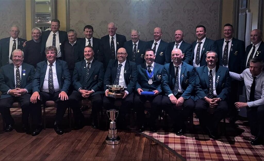 Ireland's fly-fishing team (with officials), winners of the Home International Championships on Lough Melvin, with individual winner of the Brown Bowl, Denis Goulding (centre front)