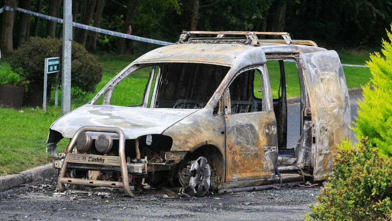 The vehicle found burnt out in Elm Way, Lucan near the scene of the shooting. Photograph: Gareth Chaney/Collins Photos