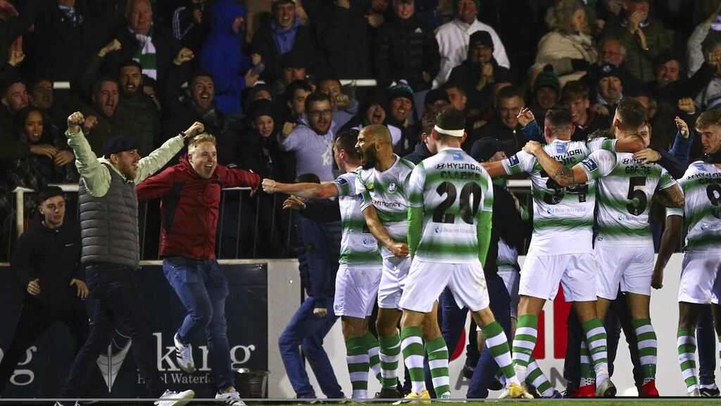 Shamrock Rovers celebrate Ethan Boyle’s last-minute winner against Waterford. Photograph: Ken Sutton/Inpho