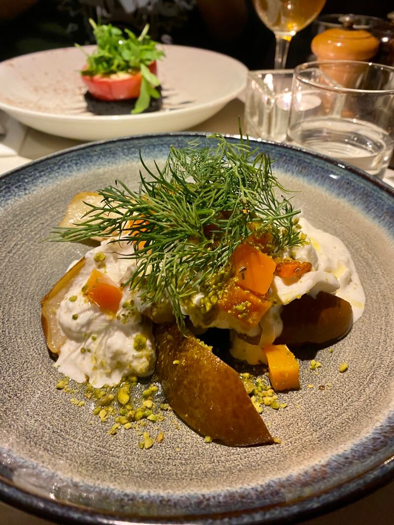 Stracciatella with confit pears, fig and pistachio, Les Enfants Perdu (9 rue des Récollets, Paris 75010)