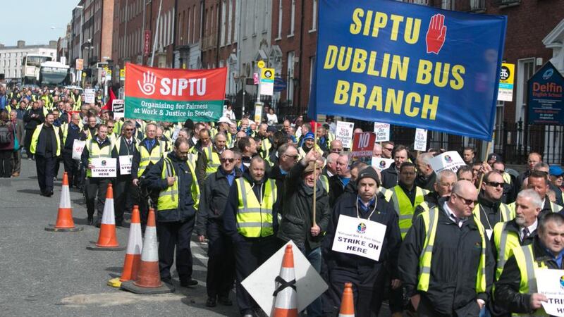 Members of the NBRU and Siptu unions during a march in Dublin city centre coinciding with a strike over plans to put 10 per cent of public bus routes out to private tender. Photograph: Gareth Chaney/Collins