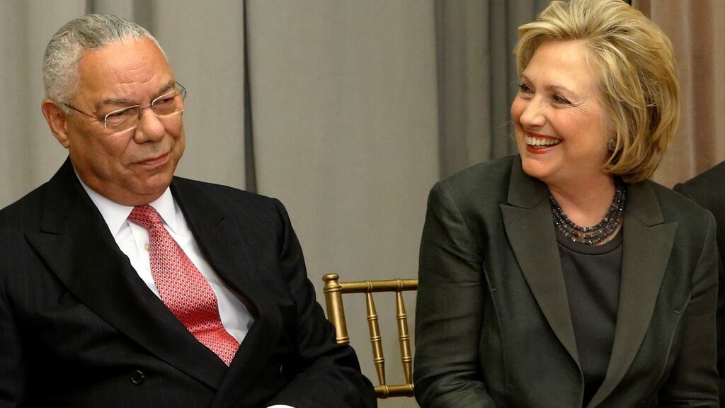 Former   secretary of state Colin Powell with  Hillary Clinton in 2014: In emails published online on Wednesday he called Mrs Clinton “greedy, not transformational” and Donald Trump “a national disgrace” and “international pariah,” and said that Bill Clinton, a president he worked for, was “still d***ing bimbos at home,” referring to his past extramarital dalliances. Photograph: Jonathan Ernst/Reuters