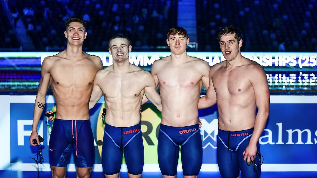 Ireland’s Jack McMillan, Robert Powell, Finn McGeever and Jordan Sloan after reaching the final. Photo: Andrea Staccioli/Inpho