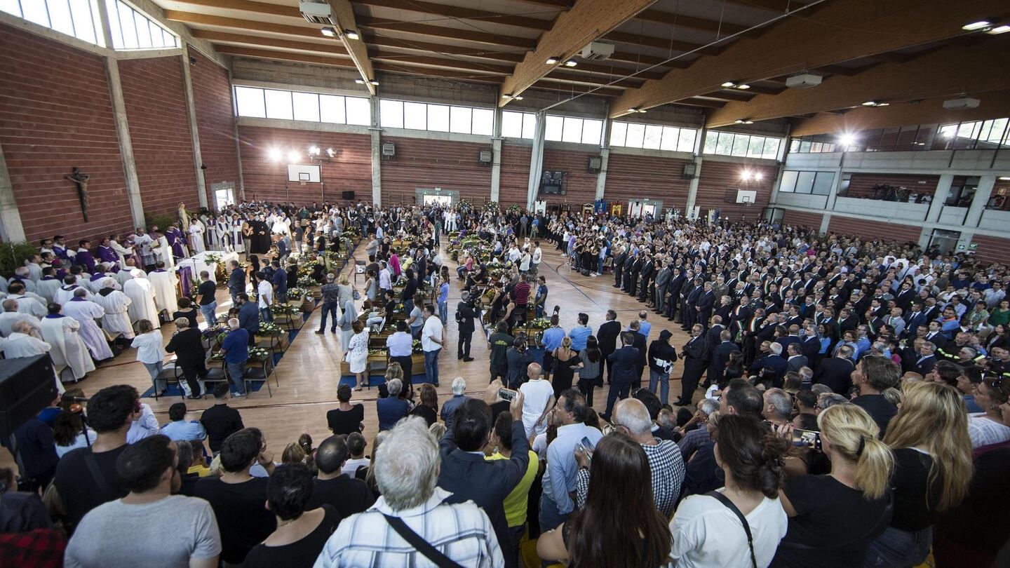 The mass funeral for some of the victims of the earthquake that devastated central Italy, in Ascoli Piceno, Marche region, Italy. Photograph: Massimo Percossi/EPA