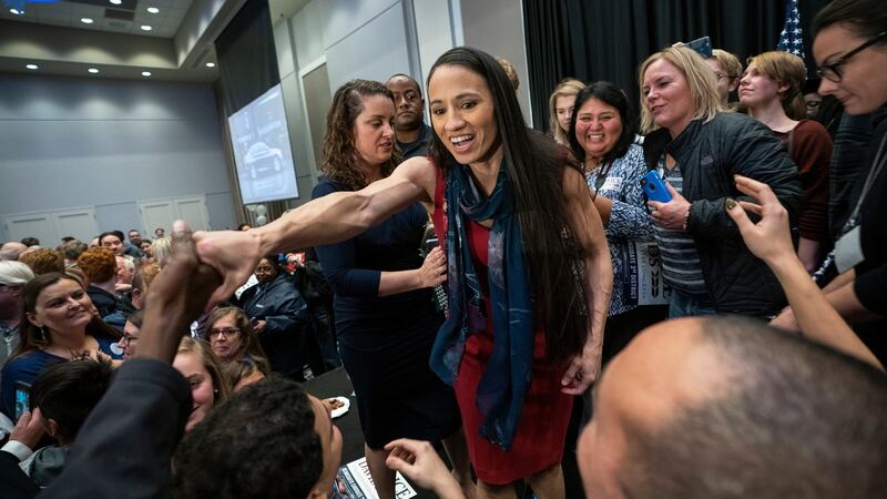 Sharice Davids celebrates  in Olathe, Kansas. Photograph: EPA