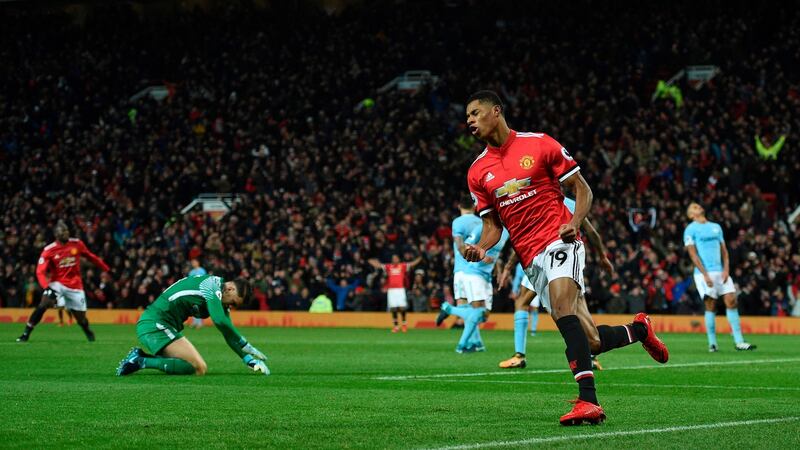 Marcus Rashford equalised for Manchester United at Old Trafford. Photograph: Oli Scarff/AFP