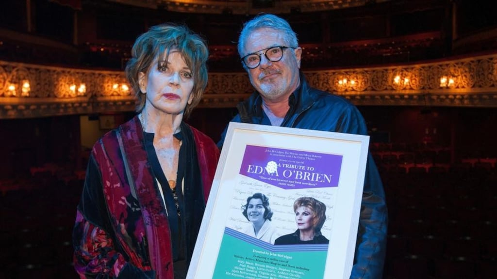 Edna O’Brien with director John McColgan, who presented her with a framed portrait before the tribute performance for her at the Gaiety Theatre in Dublin last night. Photographs: Dave Meehan