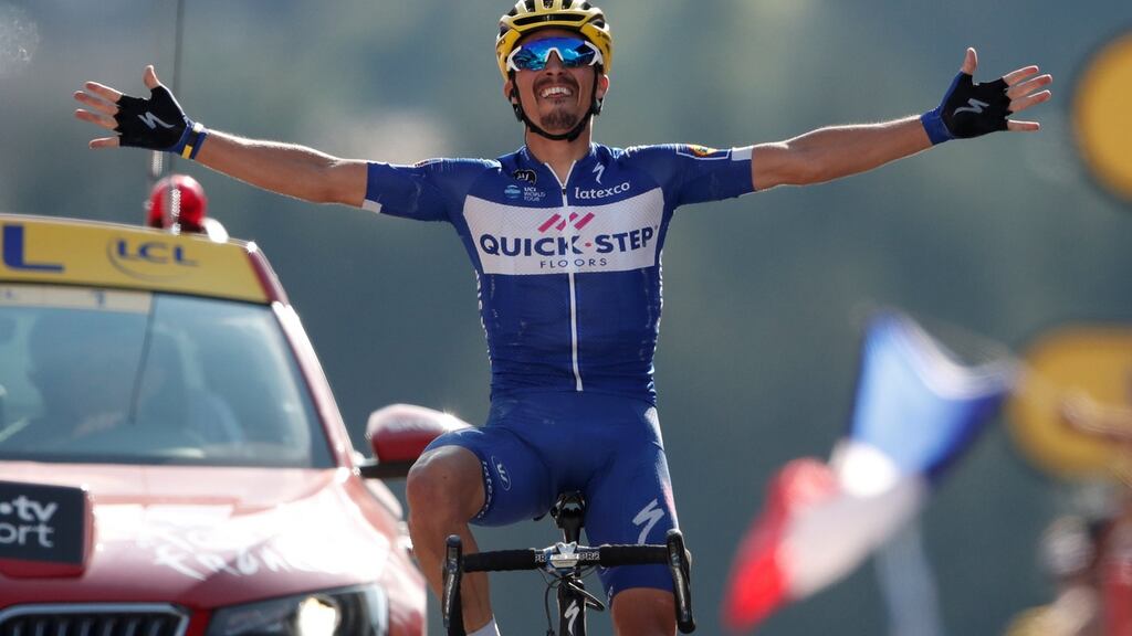 Julian Alaphilippe of France wins the 10th stage. Photograph: Reuters