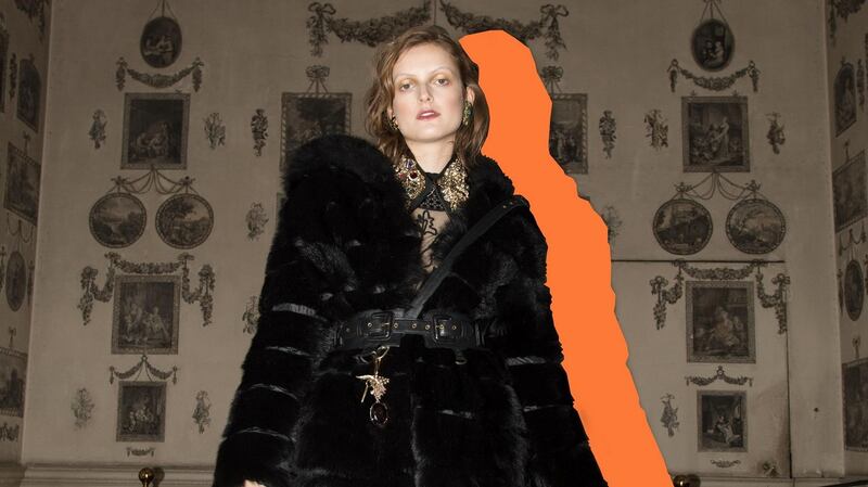 Reversible nylon and shearling coat €2,200, morning party lace and tulle dress €350, leather chain and crystal embellished collar €150, black leather Constance Markiecivz harness €350