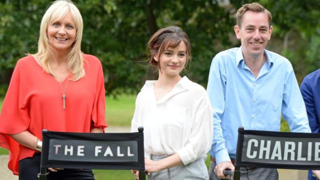 Aisling Franciosi (centre) of The Fall, with presenters Miriam O’Callaghan and Ryan Tubridy at the launch of RTÉ’s new season of programming. Photograph: Eric Luke