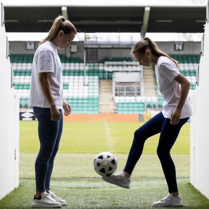 Katie McCabe with her sister Lauryn, who are ambassadors for skincare brand Dove. Photograph: Andres Poveda