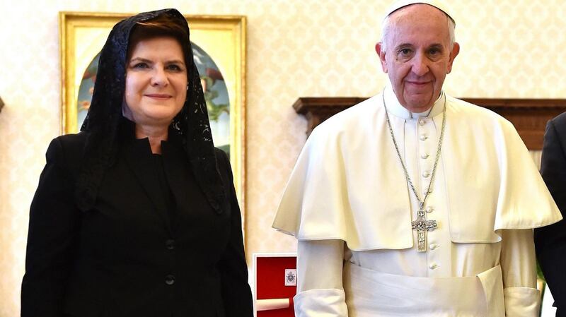 Polish prime minister Beata Szydlo at a private audience with Pope Francis at the Vatican on MAy 13th. Photograph: Gabriel Bouys / EPA