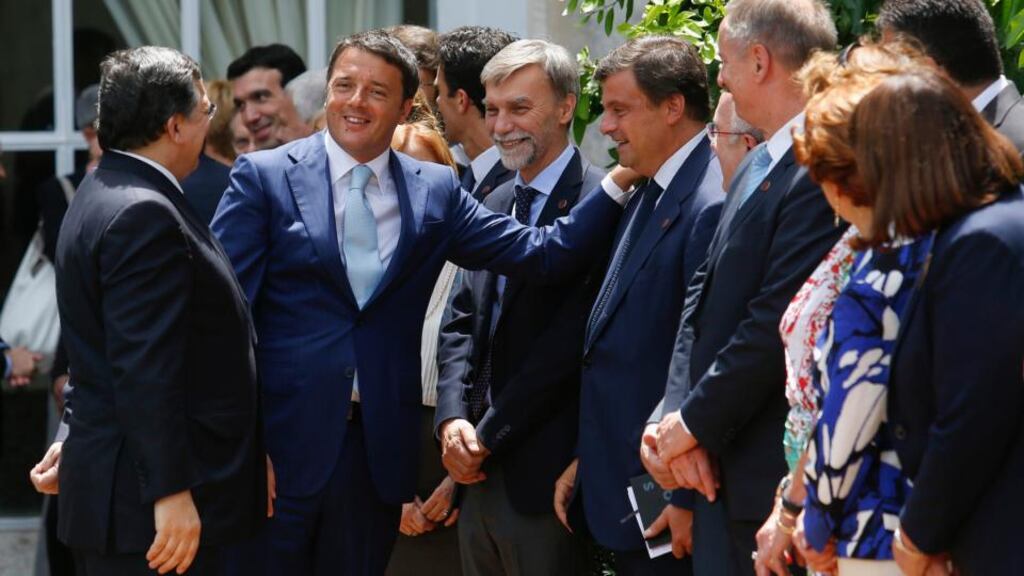 Italian prime minister Matteo Renzi (centre) with European Commission president José Manuel Barroso (left) and members of the EU commission following a meeting in Rome yesterday. Photograph: Remo Casilli/Reuters
