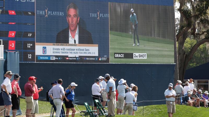 PGA Tour commissioner Jay Monahan is broadcast on a scoreboard on the 18th green, during the first round of The Players Championship in Ponte Vedra Beach, Florida. Photograph: Lynne Sladky/AP Photo