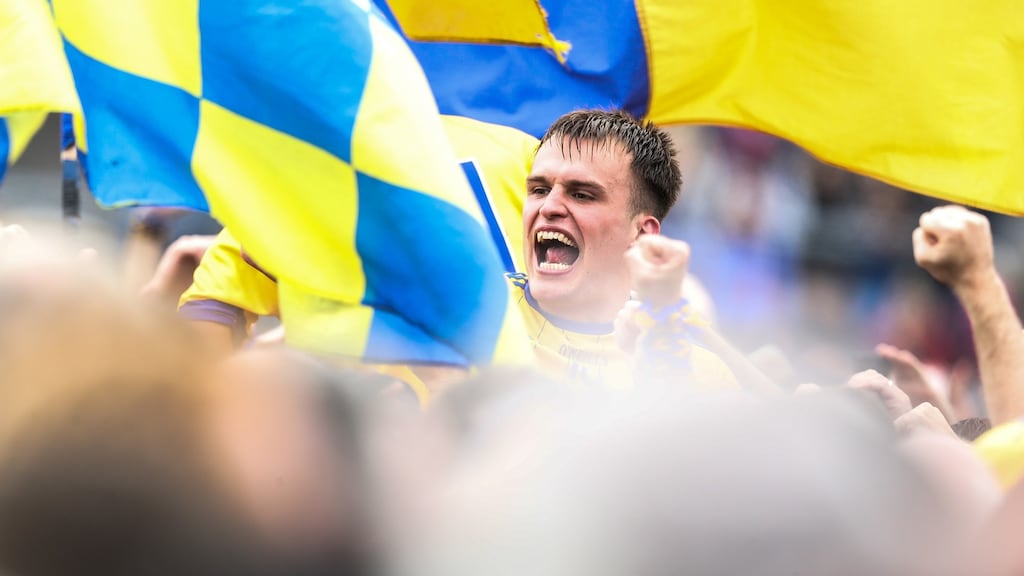 Roscommon’s Enda Smith celebrates the Connacht final victory over Galway at Pearse Stadium. Photograph: Tommy Dickson/Inpho