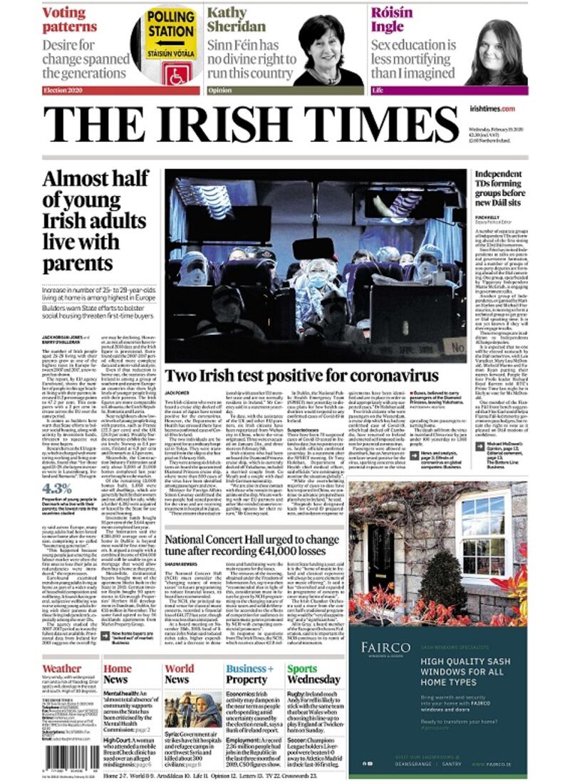 Front page of The Irish Times on February 19th, 2020.