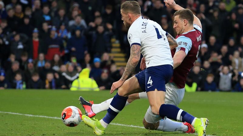 Chris Wood scores Burnley’s opener against Spurs at Turf Moor. Photgraph: Lindsey Parnaby/Getty/AFP