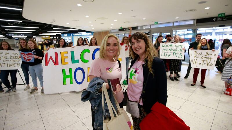 Sorcha Lowry and Catrìona Graham who flew in from New York and Brussels respectively to vote in the abortion referendum. Photograph: Nick Bradshaw