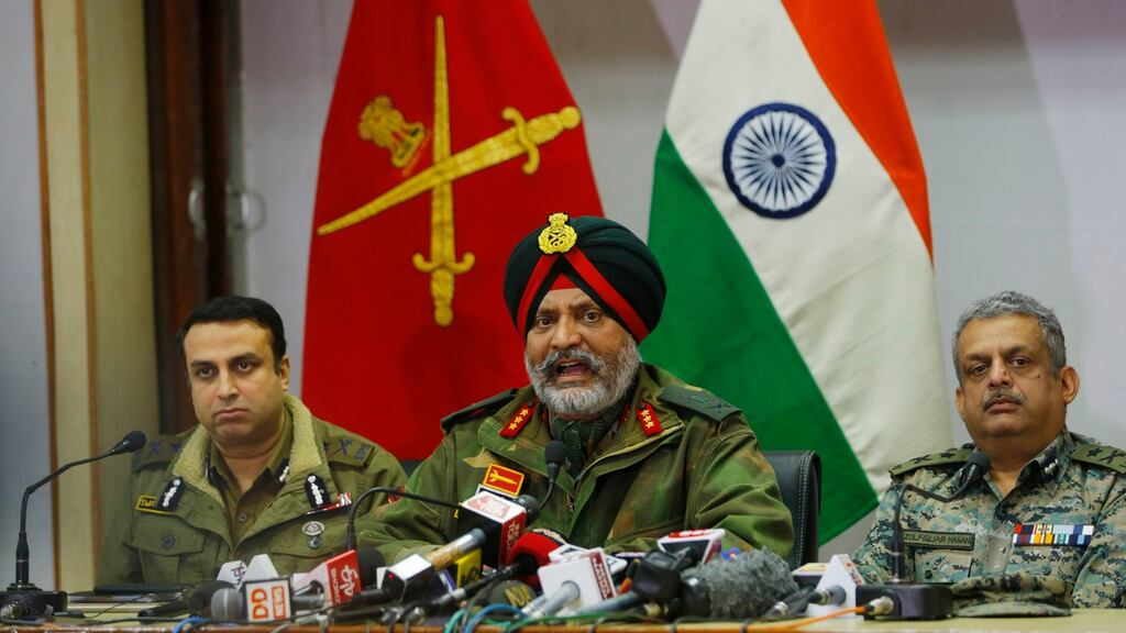 Lieut-Gen KJS Dhillon, India’s top military commander in Kashmir (centre), accused Pakistan’s main spy agency of “controlling” those behind last Thursday’s bombing. Photograph:   Farooq Khan/EPA