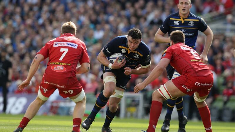Leinster’s James Ryan charges upfield during the Champions Cup semi-final against Scarlets at the Aviva Stadium. Photograph: David Rogers/Getty Images