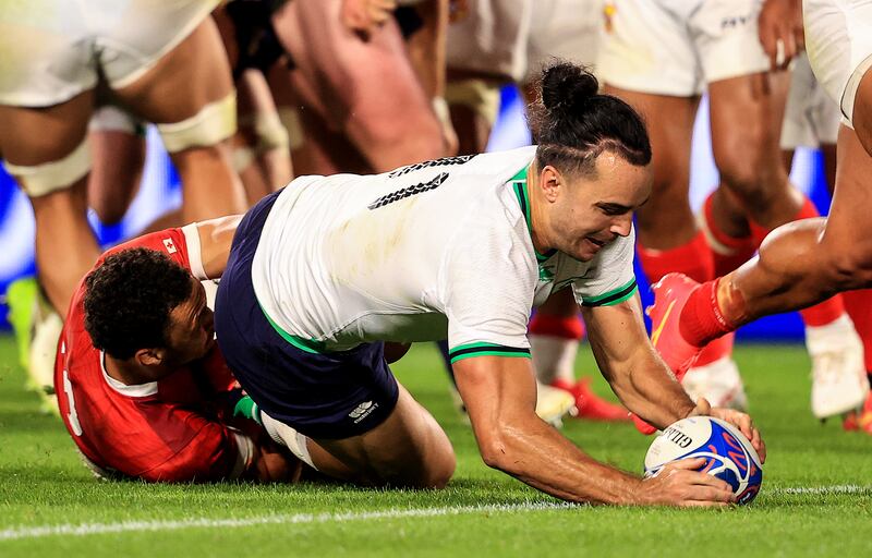 Ireland's James Lowe scores against Tonga during the Rugby World Cup in France. Photograph: Inpho/Dan Sheridan