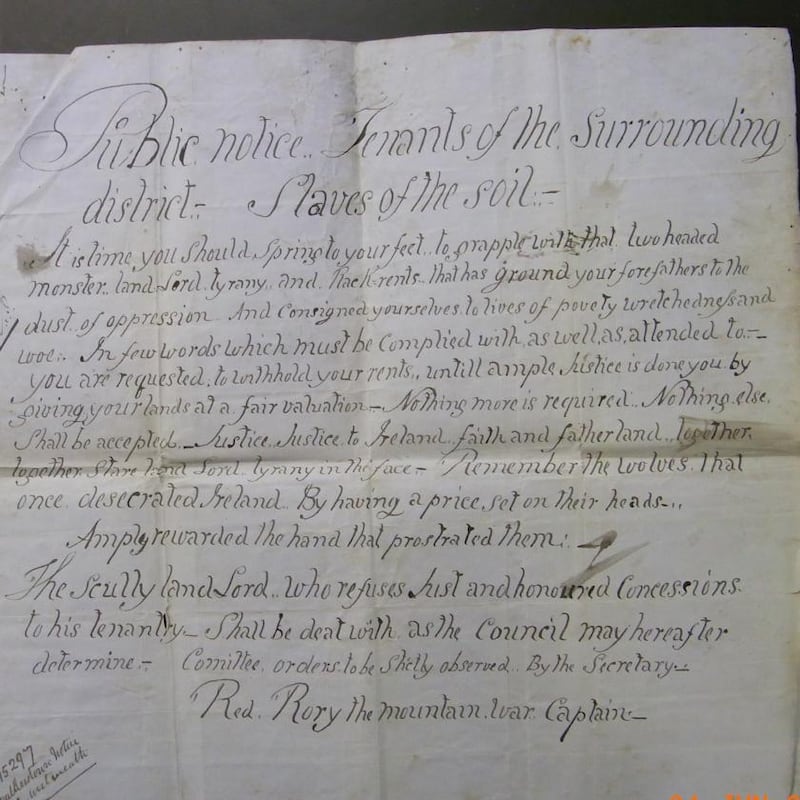 Slaves of the soil’. A threatening notice in a disguised hand against the ‘two headed landlord’ Scully from ‘Red Rory the mountain. War Captain’, Westmeath, 1869. (Courtesy of the National Archives of Ireland)