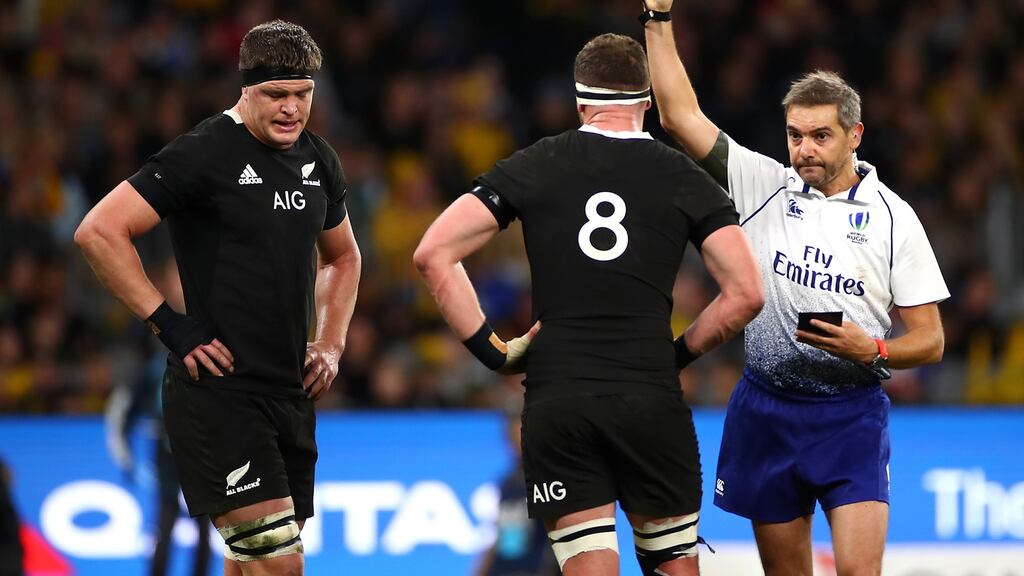 Scott Barrett of New Zealand is shown the red card during the 2019 Rugby Championship Test Match between the Australian Wallabies and the New Zealand All Blacks at Optus Stadium in Perth on August 10th. Photograph: Cameron Spencer/Getty Images
