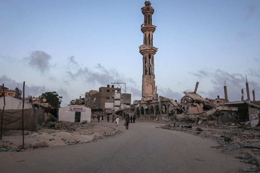 A wrecked mosque amid the rubble of destroyed buildings in Khan Younis, southern Gaza, on Sunday. Photograph: Ahmad Salem/Bloomberg via Getty Images