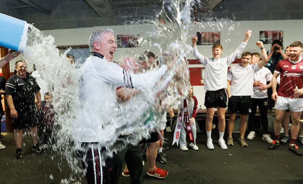 Galway manager Pádraic Joyce and his panel celebrate the Connacht final win over Mayo last year at Pearse Stadium. Photograph: James Crombie/Inpho