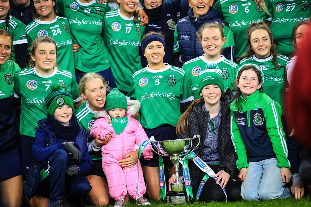 Sarsfields celebrate winning the AIB All-Ireland Senior Club Camogie Championship Final against Loughgiel Shamrocks at Croke Park. Photograph: Evan Treacy/Inpho