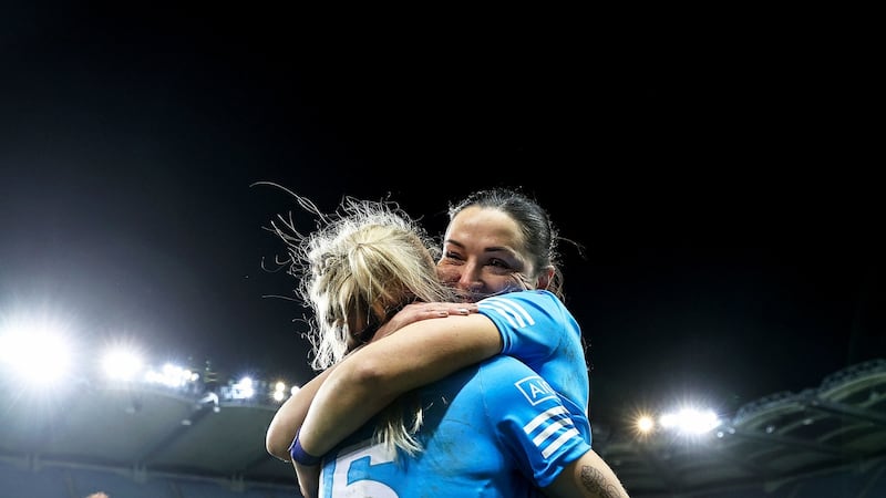 Dublin’s Nicole Owens and Sinead Goldrick celebrate after the game. Photograph: Inpho