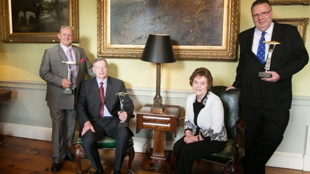 Winner of the Philanthropist of the Year award Brendan O’Carroll, with fellow winners Jim and Adeline Callery and David O’Brien of BNY Mellon. Photograph: Gareth Chaney/Collins