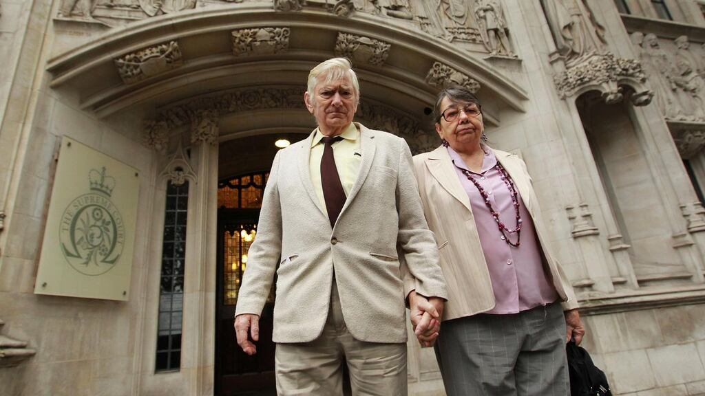 Peter Bull and his wife Hazelmary, the Christian guest house owners who were ordered to pay damages after turning away a gay couple, leaving court after losing their latest legal battle. Photograph: Sean Dempsey/PA Wire