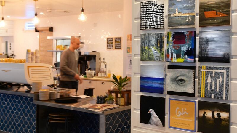 Art works on display at the Cali kitchen cafe in the grounds of the Royal Marine Hotel in Dun Laoghaire in advance of artnetdlr’s launch which will be held on the 19th of February at the National Maritime Museum. Photograph Cyril Byrne