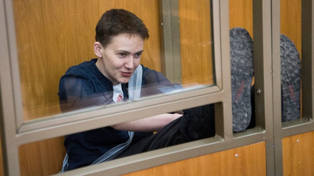 Ukrainian pilot Nadiya Savchenko, jailed this week by Russia in what the US and several EU states called a show trial. Kiev officials have expressed hope of a prisoner swap with two alleged Russian servicemen. Photograph: Ivan Sekretarev/AP Photo