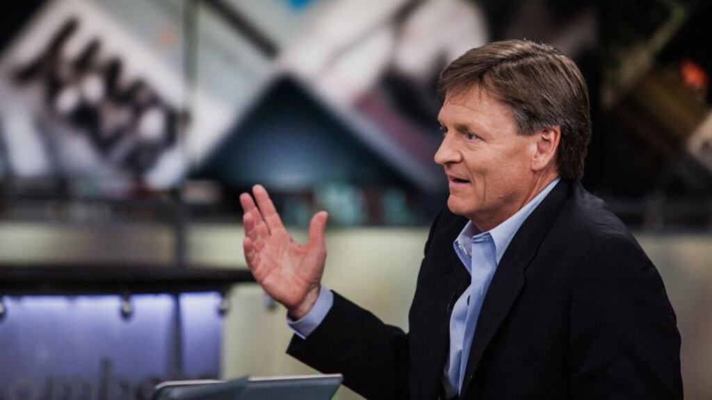 Michael Lewis, author of Flash Boys: A Wall Street Revolt, speaks during a Bloomberg Television interview in New York, on Wednesday, where he discussed high-frequency trading and the structure of the US equity market with Brad Katsuyama, chief executive officer of IEX Group Inc. Photograph: Chris Goodney/Bloomberg