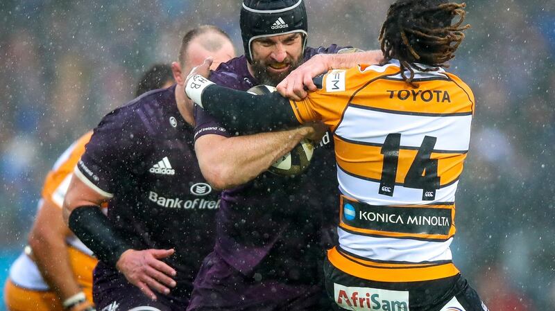 Leinster’s Scott Fardy is tackled by Cheetahs’ Clayton Blommetjies. Photo: Tommy Dickson/Inpho