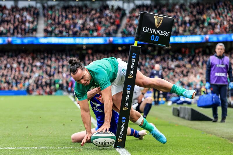 James Lowe: completed an acrobatic finish following a superb team move involving ten players to score a memorable Irish try against France at the Aviva Stadium. Photograph: Dan Sheridan/Inpho