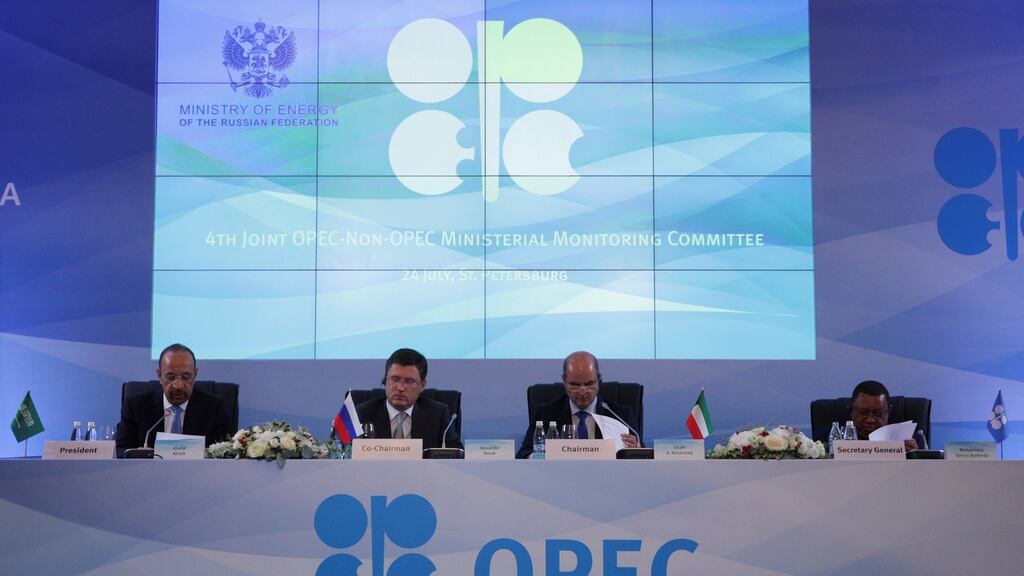 Saudi Arabian Energy Minister Khalid al-Falih, Russian Energy Minister Alexander Novak, Kuwaiti Oil Minister Essam al-Marzouq and OPEC Secretary General Mohammad Barkindo attend a meeting of the 4th OPEC-Non-OPEC Ministerial Monitoring Committee in St. Petersburg. (Reuters)