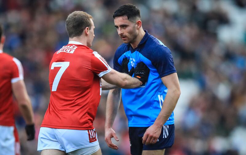 Tempers flare between Mattie Taylor and Niall Scully of Dublin. Photograph: Evan Treacy/Inpho
