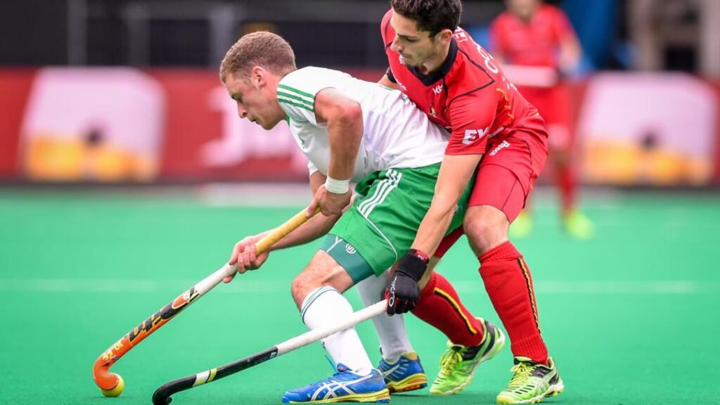 Action from the Group B hockey match between Belgium and Ireland in the men’s group stage at the World League. Photograph: Getty Images