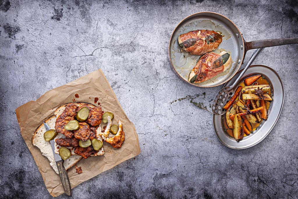 Nashville fried chicken with home-made pickles and saltimbocca with roasted roots. Photograph: Harry Weir
