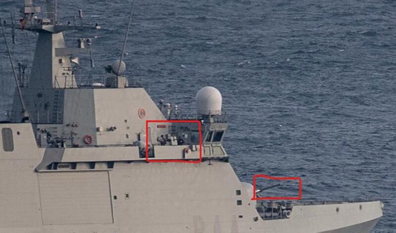 A handout photo issued by the government of Gibraltar showing the guns of a Spanish warship manned by its crew. Photograph: Government of Gibraltar/PA Wire