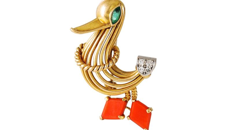 Cartier novelty duck brooch in 18ct gold, with an emerald eye, diamond detail and coral feet. (€4,000-€5,000), O’Reilly’s