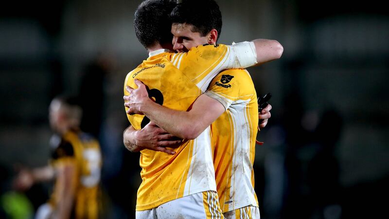Clontibret’s Francis Hughes and Brian Greenan celebrate after the quarter-final victory over Crossmaglen at the Athletic Grounds. Photograph: Ryan Byrne/Inpho