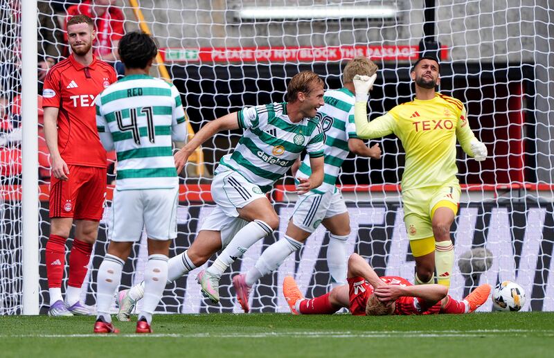Benjamin Nygren celebrates scoring Celtic's first goal against Aberdeen during the Scottish Premiership match at Pittodrie. Photograph: Andrew Milligan/PA Wire
RESTRICTIONS: Use subject to restrictions. Editorial use only, no commercial use without prior consent from rights holder.