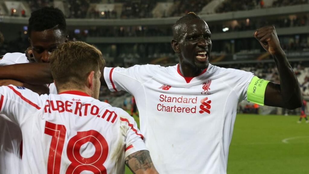 Mamadou Sakho celebrates Adam Lallana’s goal during the Europa League game between  Bordeaux and Liverpool on Thursday. Photograph: Romain Perrocheau/Getty Images