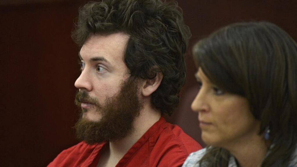 James E Holmes and defence lawyer Tamara Brady during a court appearance in Centennial, Colorado, last month.  Photograph: RJ Sangosti/AP