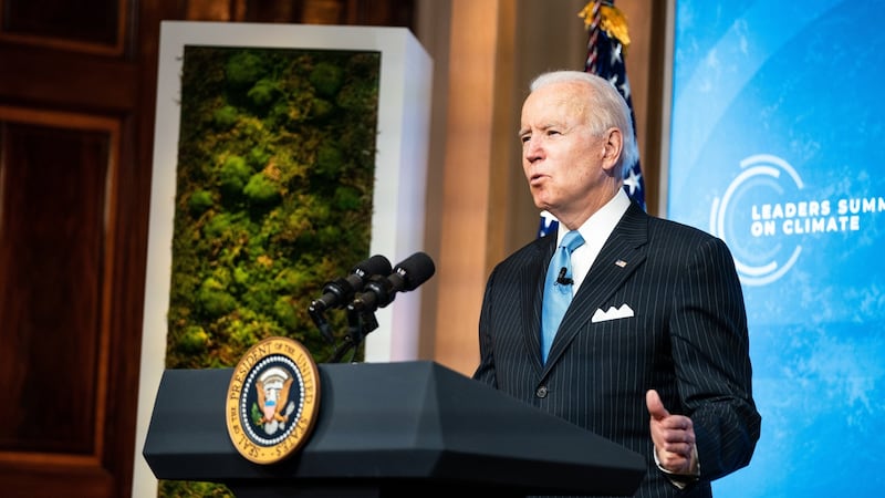 US president Joe Biden during a virtual climate summit intended to underline the urgency of stronger climate action. Photograph: Anna Moneymaker/Pool/EPA