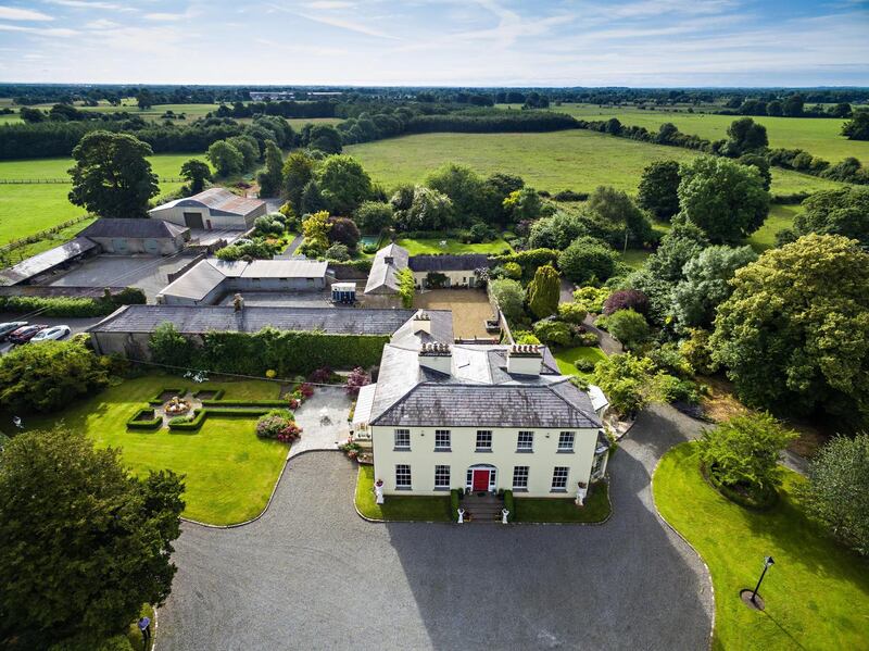 Aerial view of Wardenstown House, Co Westmeath. This 497sq m (5,346sq ft) house on 86 acres is for sale with Savill’s and Egan Auctioneers for €2.2 million